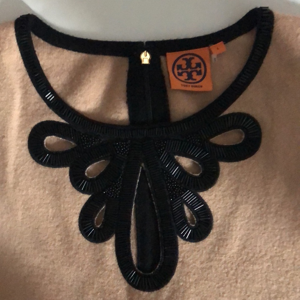 Tory Burch L Dress Black Tan Wool Soft Stretchy Bead Trim Cut out Zip Excellent - Picture 3 of 8